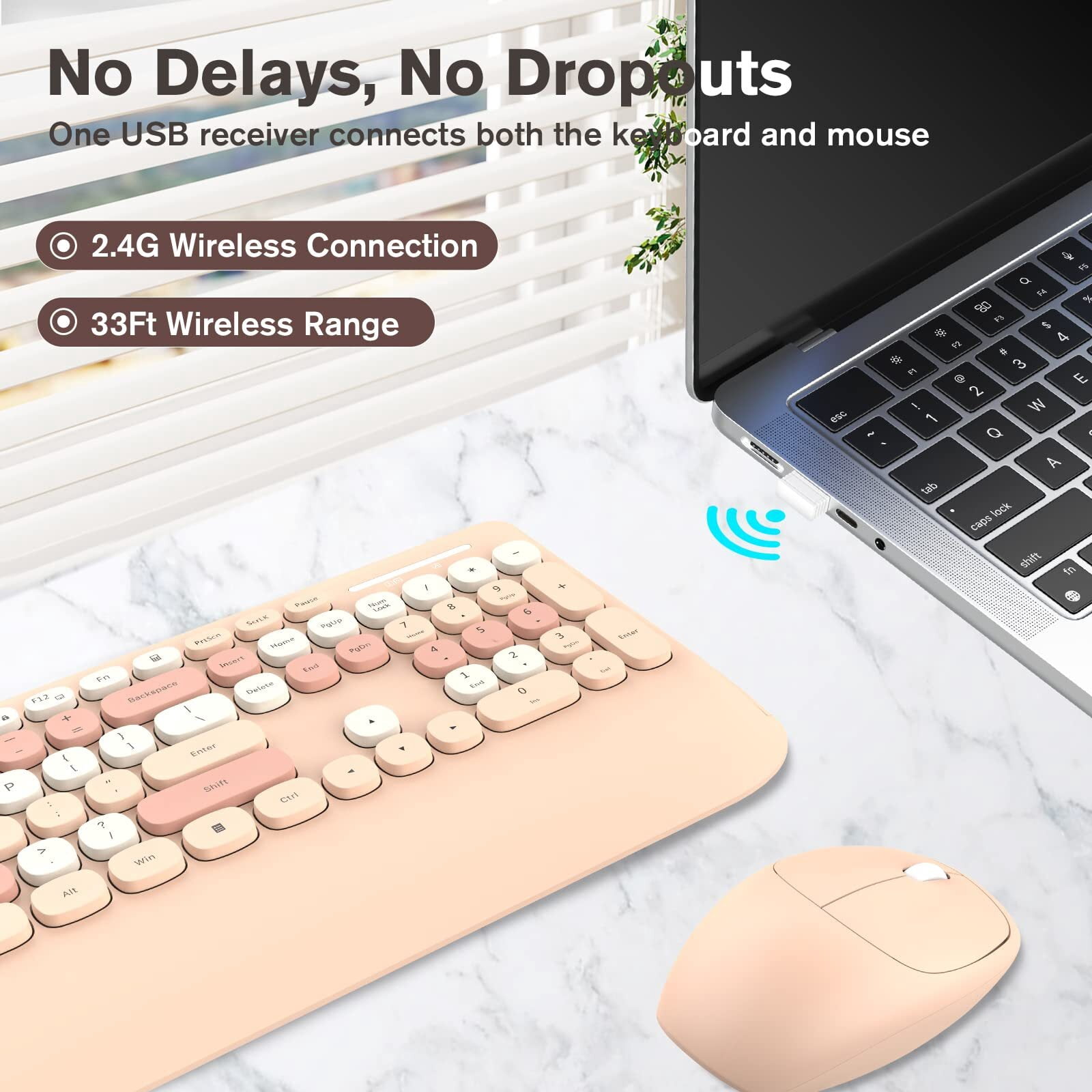 RaceGT Wireless Keyboard and Mouse Combo, Ergonomic Keyboard with Wrist Rest, Sleep Mode, Silent 2.4GHz Cordless Keyboard Mouse Combo for Computer, Laptop, PC, Mac, Windows - Cute Brown, Milk Tea
