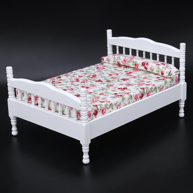Cama de Casa de Muñecas ANGGREK Muebles de Madera Blanco 16,5 x 12 x 9 cm
