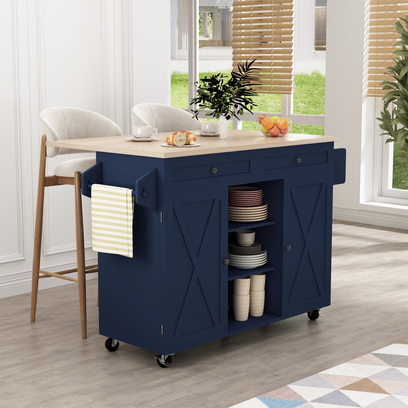 HLR 51.7" W Rolling Kitchen Island On Wheels, Cart With Drop Leaf Countertop with Storage, Blue