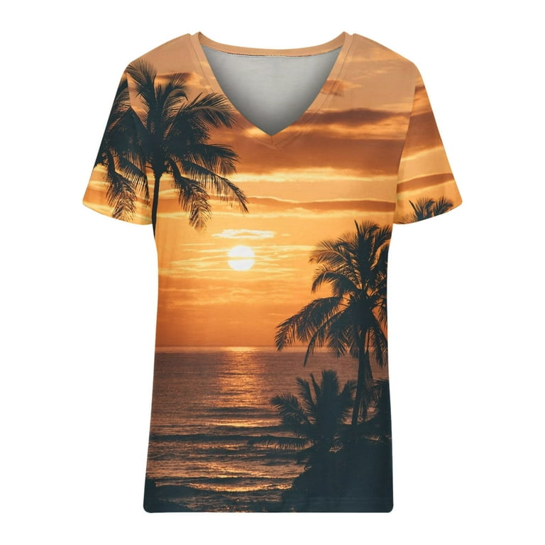 ZQGJB Tropical Shirts for Women Cute Summer Short Sleeve Palm Tree Sunset  Graphic V Neck Pullover Tshirt Tops Trendy Relaxed Fitted Comfy Baggy  Blouse