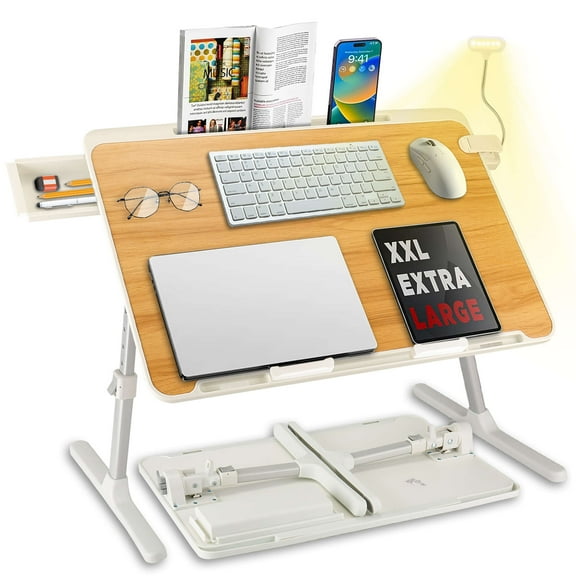 Romanda Height & Angle Adjustable Bed Desk with Light, 23.6"L X-Large Bed Desk for Laptop and Writing, Laptop Lap Desk with Storage Drawer and Bookstand, Bed Table Tray for Eating and Laptop, Wood
