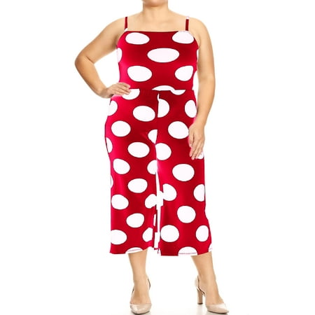 MOA COLLECTION Women's Wide Leg Big Polka Dot Plus Size Cami Overalls Square Neck Romper Jumpsuit