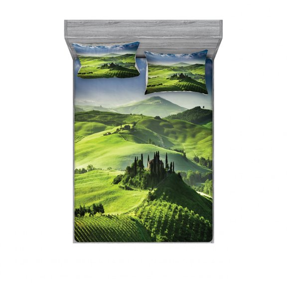 Nature Bedding Set with Sheet & Covers, Rising Sun in the Valley Dark Cloudy Sky Landscape Dramatic Pastoral Heaven Print, Printed Bedroom Decor 2 Shams, 4 Sizes, Green Blue, by Ambesonne