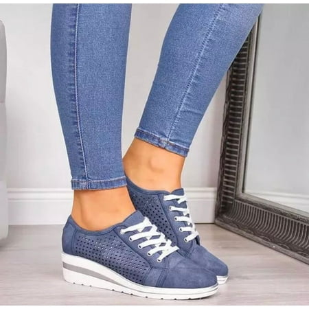

Spring new women s wedge heel hollow lace casual sneakers shallow mouth wedge heel inner heightening boots