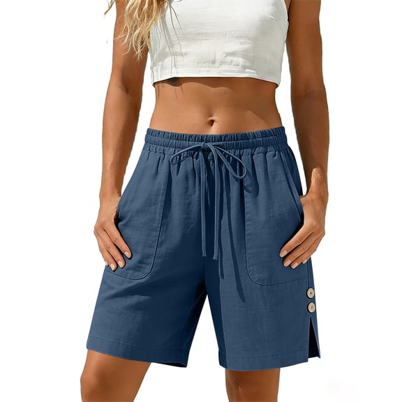 RQYYD Womens Drawstring Waist Linen Bermuda Shorts Loose Fit Casual Summer Shorts with Pockets
