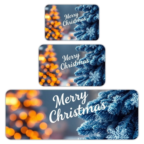 RKSupls Kitchen Rug Set 3 Piece Anti-Slip Flannel Floor Mats, Merry Christmas Tree Washable Absorbent Runner Mats for Kitchen Bathroom Home Decor