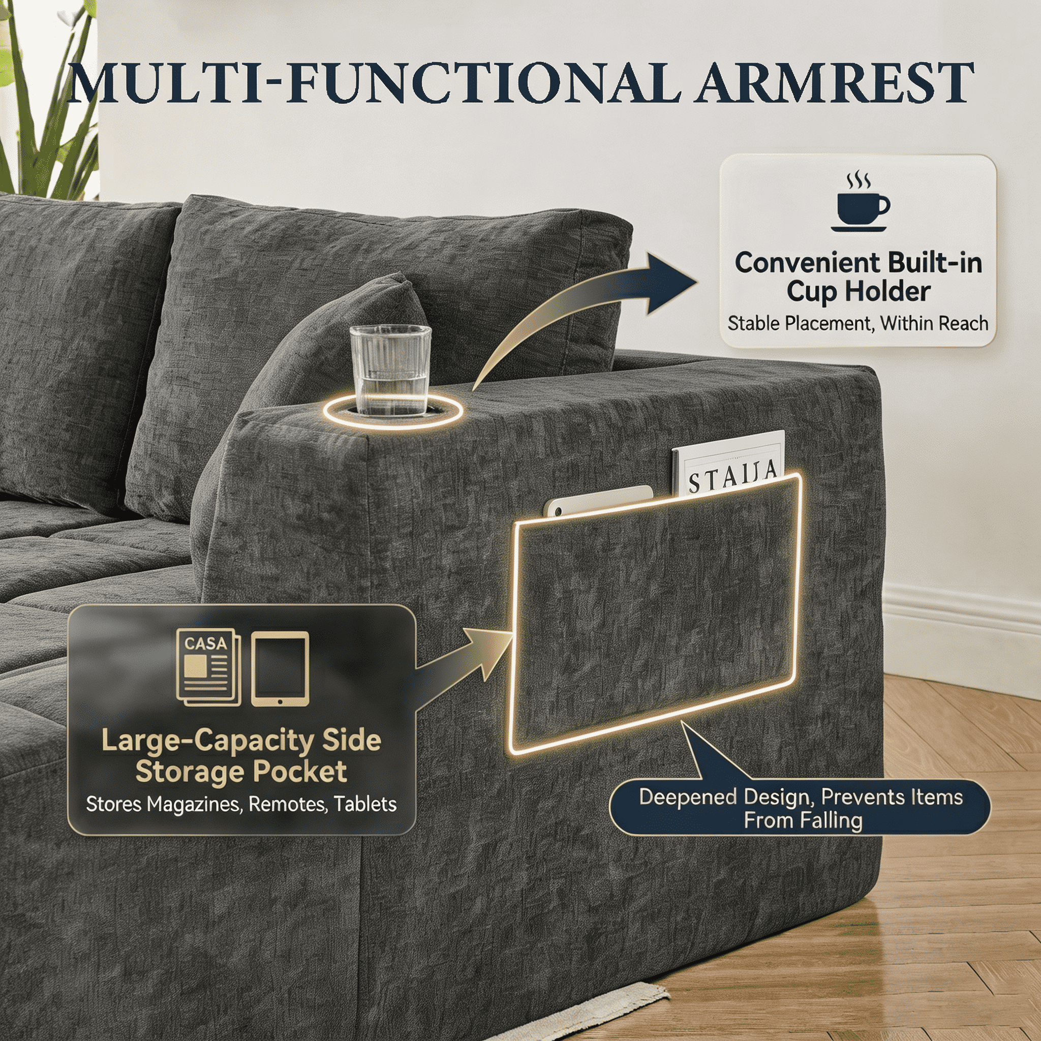 132"W U-Shaped Sectional Sofa with Dual Chaises,Modular Chenille Upholstered Couch with Cup Holders & Side Pockets,No Assembly Boneless Sofa,Dark Grey