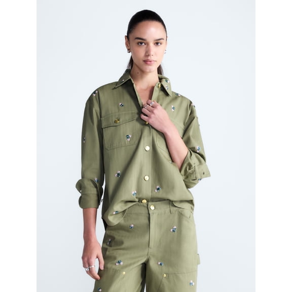 Free Assembly Women's Embellished Cotton Utility Shirt With Long Sleeves, Sizes XS-XXL
