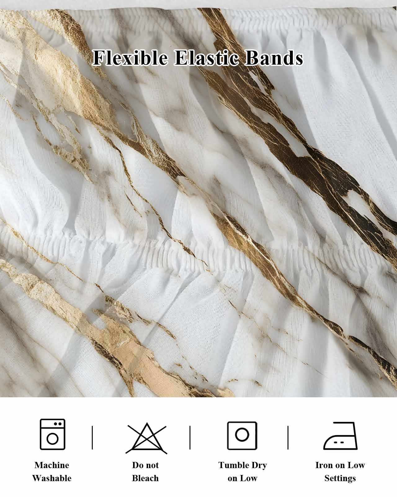 Marble Grey White Wrap Around Bed Skirts for Queen Bed 16" Drop,Bed Skirt with Adjustable Elastic Belt Dust Ruffle Bed Valance for Bedroom Hotel Abstract Cracked Crystal Gold Lines Bed Frame Cover