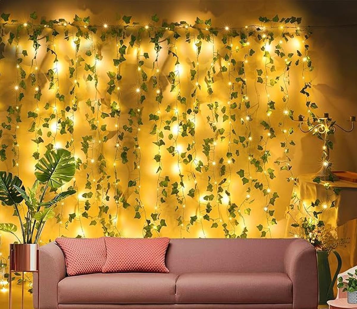 EONQY Window Curtain String Lights, Artificial Ivy Garland Fake Plants String Light, for Wedding Party Garden Outdoor Greenery Wall Decoration