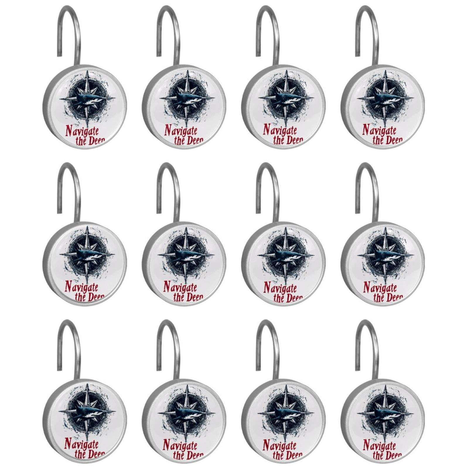 12pcs Decorative Shower Curtain Hooks, Rust Resistant Shower Rings for Bathroom Living Room,Rustproof Stainless Steel Rings for Shower Curtain and Liner Rods,Navigate Shark