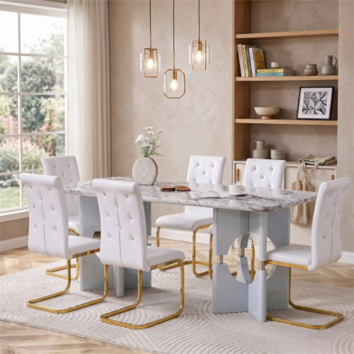 Marble Dining Table, Modern MDF Kitchen Table for 2-4 People, Compact Dining Room Table with Hollow Metal Frame for Small Spaces, Gray
