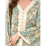OBEEII Muslim Abaya Dress for Women Elegant Floral Islamic Dubai Long Sleeve Kaftan Maxi Dress Eid Party Loose Fit Muslim Prayer Dresses