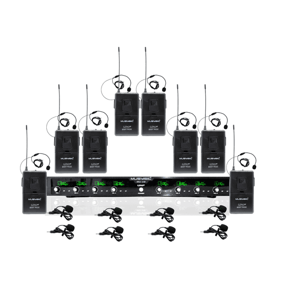 MUSYSIC MU‑U8‑LL Professional 8‑Channel UHF Wireless Microphone System – 8 Lavalier & Headset Mics, Long‑Range, Individual Volume Control, Rackmount Receiver