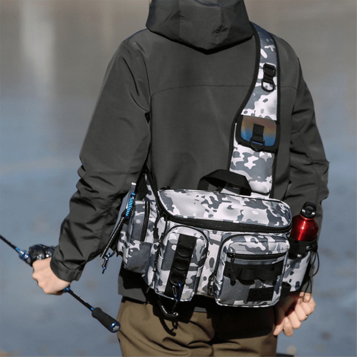 Fishing Tackle Backpack Lure Box Gear Storage Bag Fanny Pack Fly Fishing Backpack with Rod Holder Sling Shoulder Bag-B