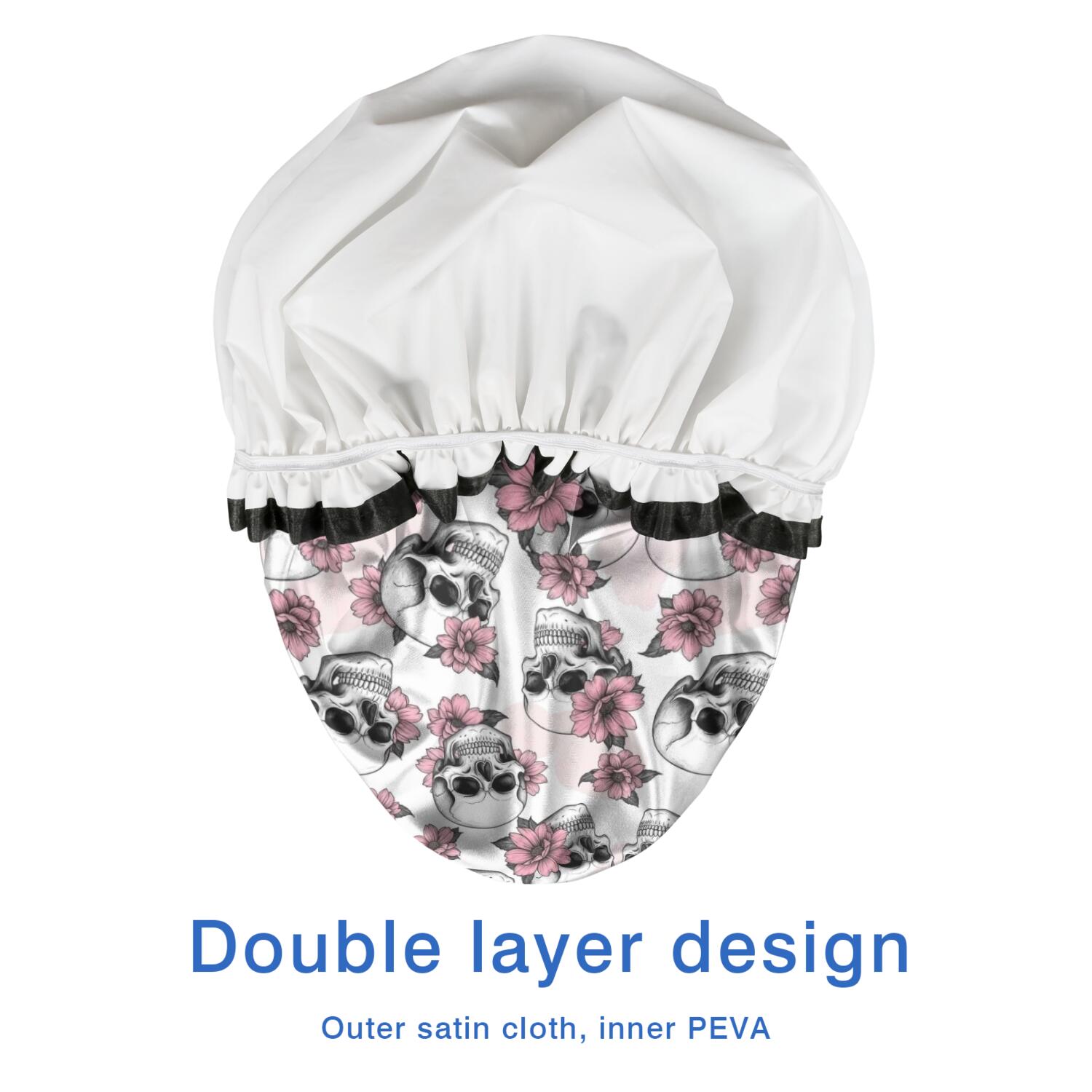 Shower Caps,White Floral Skull Pattern Waterproof Shower Cap for Women 4 Pieces,Double Reusable Hair Cover for Shower PEVA Elastic Stretch Hem