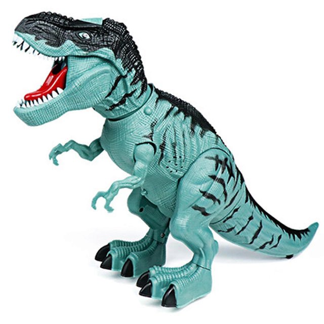 electronic walking dinosaur t-rex, laying eggs, roaring sound, realistic tyrannosaurus, toy for boys kids ages 3+ Green plastic electronic T‑rex toy 3/4 profile with black textured crest and striping, open red mouth with white teeth, articulated neck, jointed legs and molded scale texture; features LED eyes and tongue and underside egg compartment per product specs, product size 32.5 x 19 x 12.5 cm. Often used for imaginative play or dinosaur-themed displays.