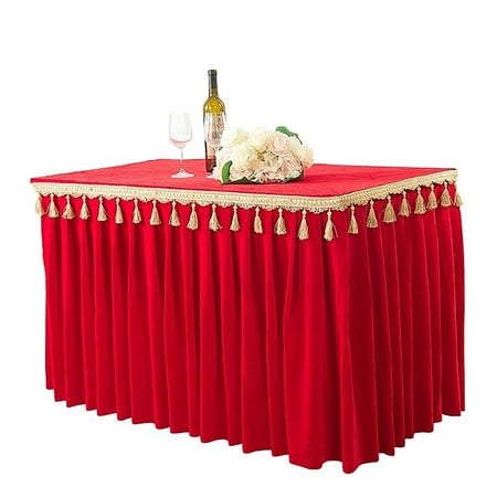 

2 Pack Solid Color Velvet Table Skirt Cloth Fitted Table Skirt With Tassel Washable Table Skirt For Birthday Halloween Christmas Banquet Activity Meeting -Red-180x60x75cm