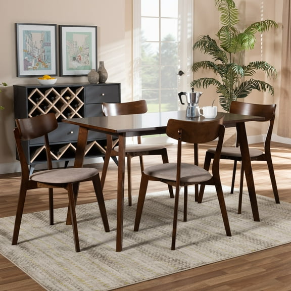 Baxton Studio Nori Mid-Century Modern Transitional Light Beige Fabric Upholstered and Walnut Brown Finished Wood 5-Piece Dining Set