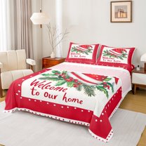 jejeloiu Red Christmas Hat Queen Sheet Sets,Xmas Theme Flat Sheet,Happy New Year Queen Fitted Sheet For Children,Microfiber Bedroom Decor,4-Piece