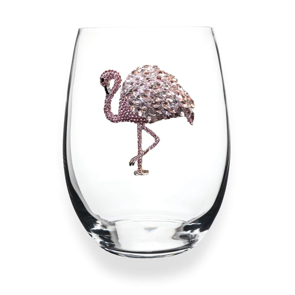 THE QUEENS' JEWELS – Flamingo Stemless Wine Glass, 21 oz. – Eye-Catching Sparkling Jewels – Hand-Decorated Glassware – Not Painted – Dazzling and Unique