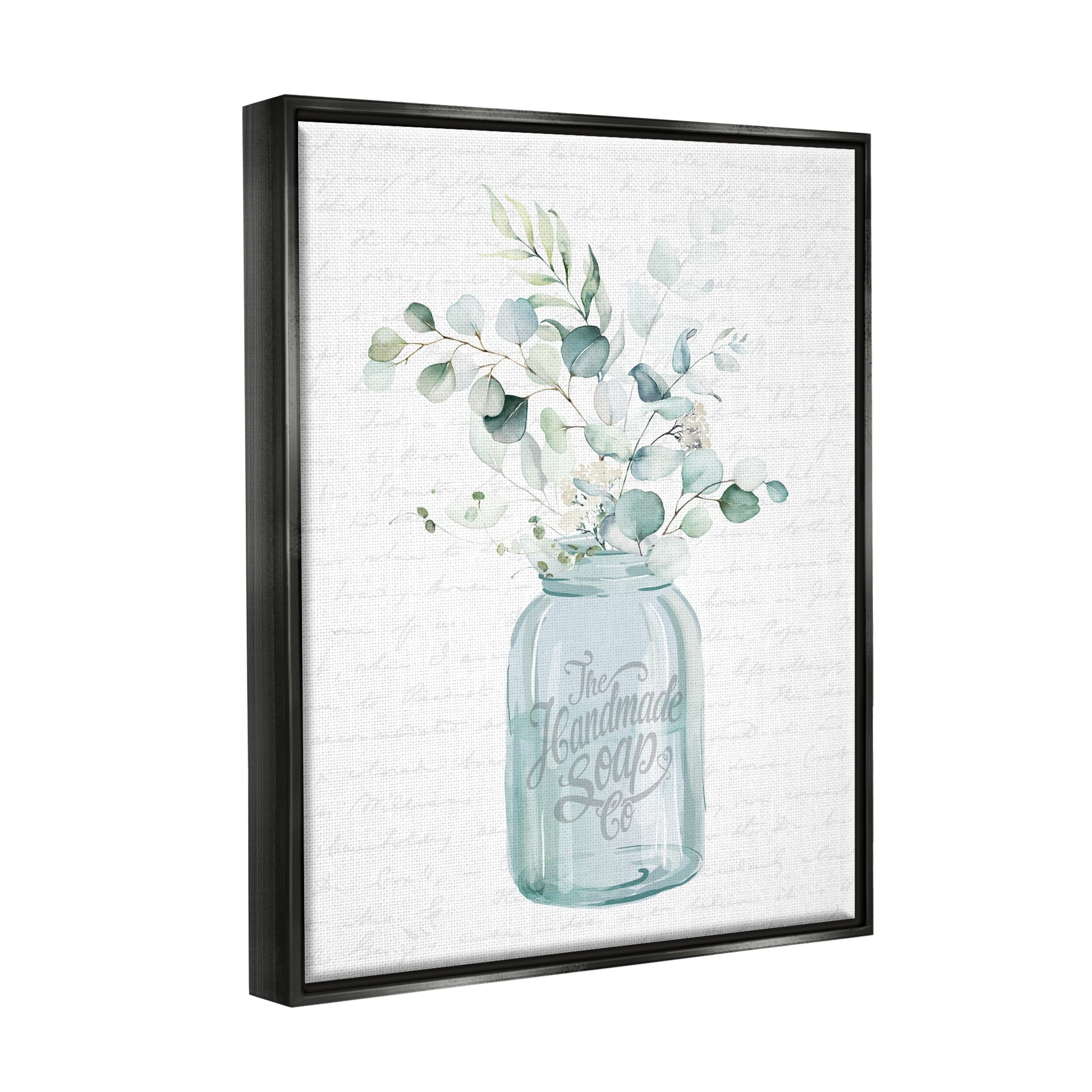 Stupell Industries Botanical Sprigs Arrangement Vintage Jar Cursive Script Graphic Art Luster Gray Floating Framed Canvas Print Wall Art, Design by Lettered and Lined