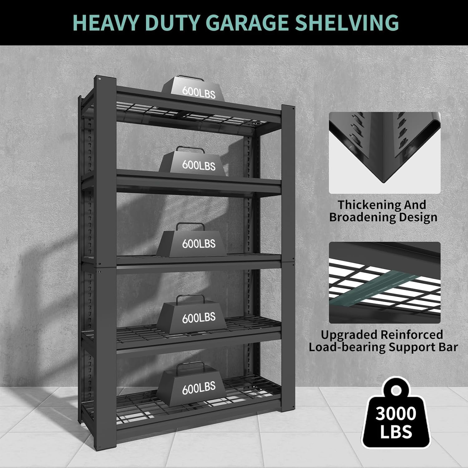 72"H|36"W Garage Shelving Heavy Duty, Metal Garage Shelves, Adjustable 5 Tiers Storage Shelves, Garage Industrial Shelving Utility Racks for Kitchen, Industrial, Warehouse, Basement, Garage, Gym