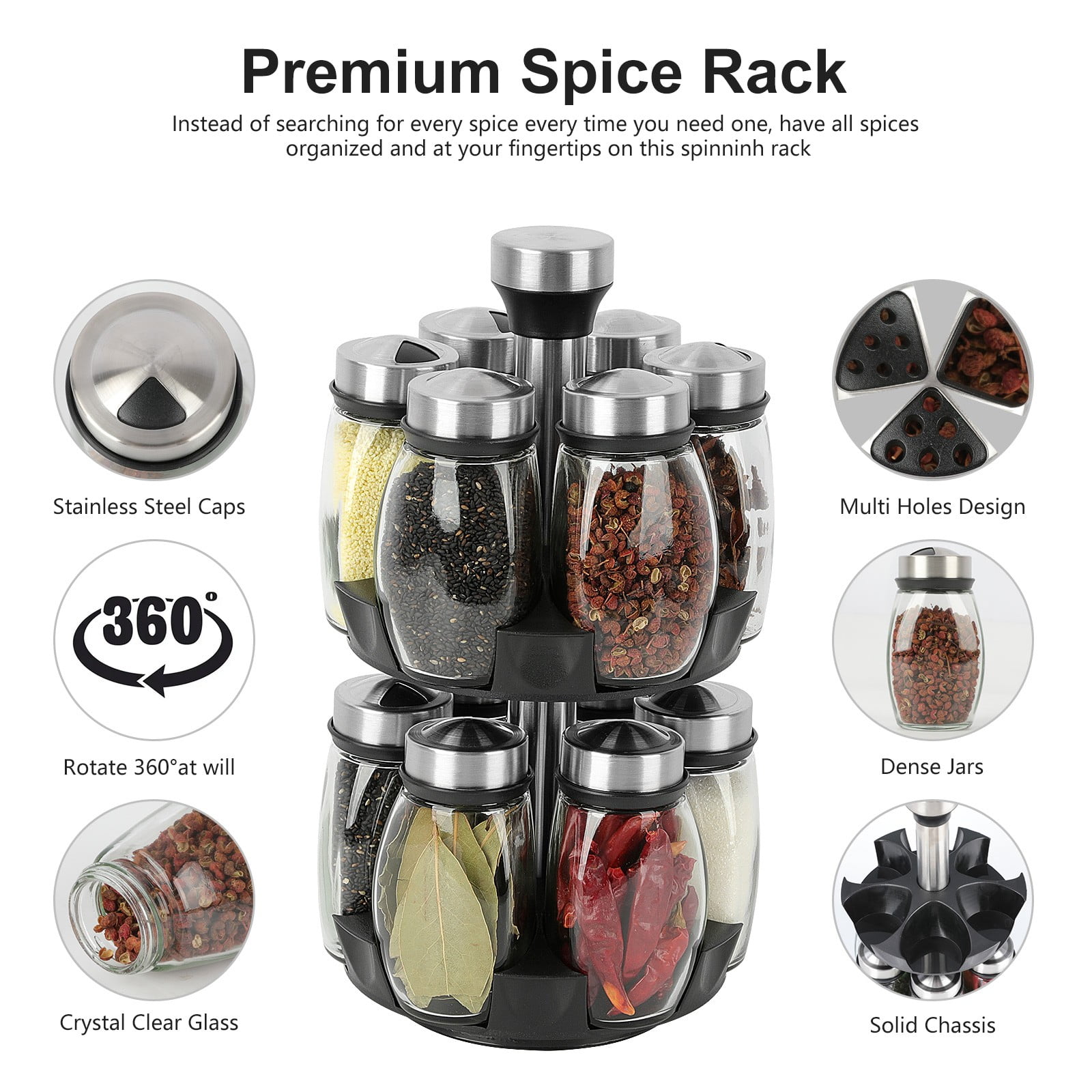 Premium Stainless Steel Glass Spice Jars Rotate Open Close Holes