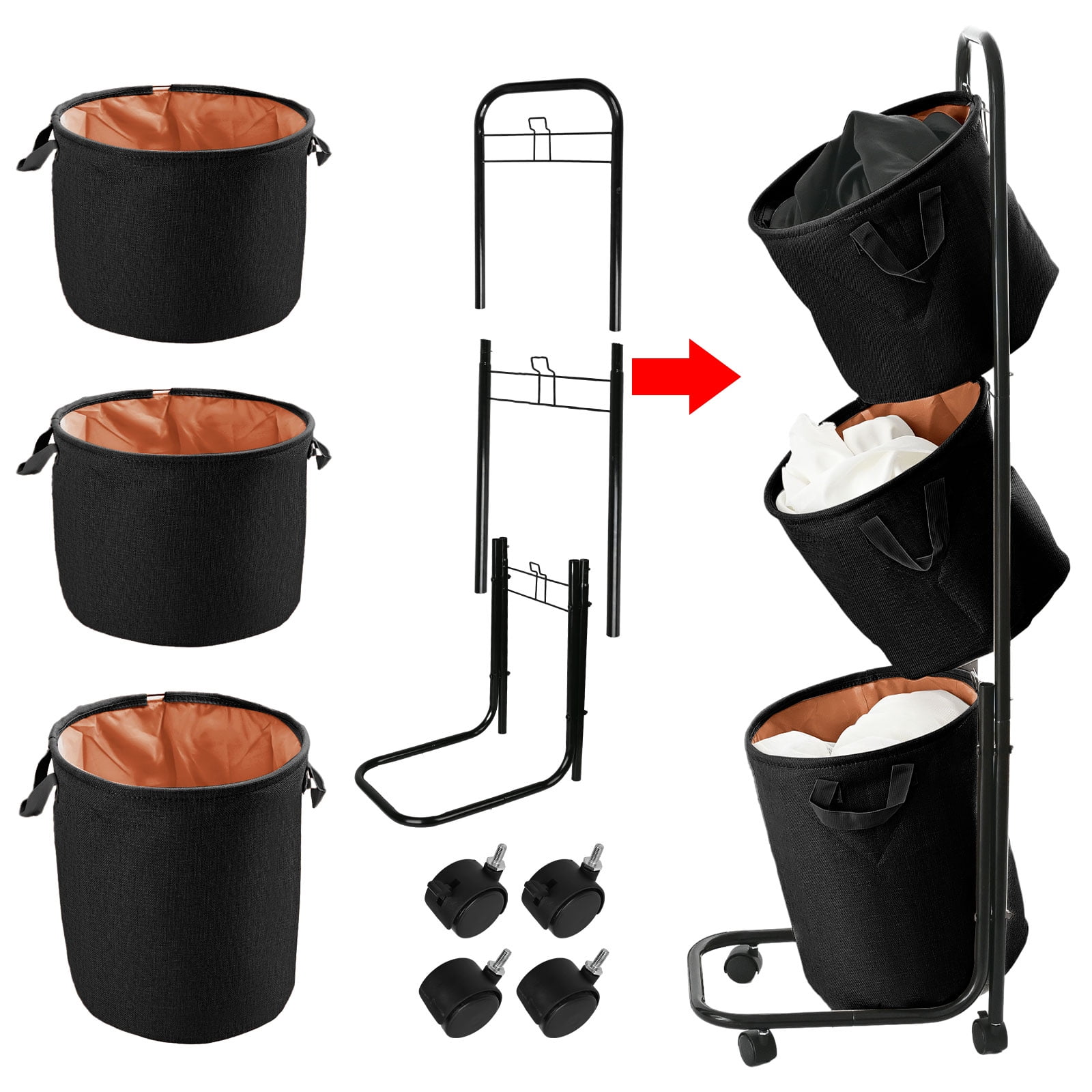 YOUPINS 3-Tier Laundry Hamper Sorter, Laundry Storage Organizer with Wheels Movable Rolling Laundry Baskets Cart, Bathroom Cart Clothes Shelf,Laundry Butler for Bathroom Bedroom Laundry Room, Black