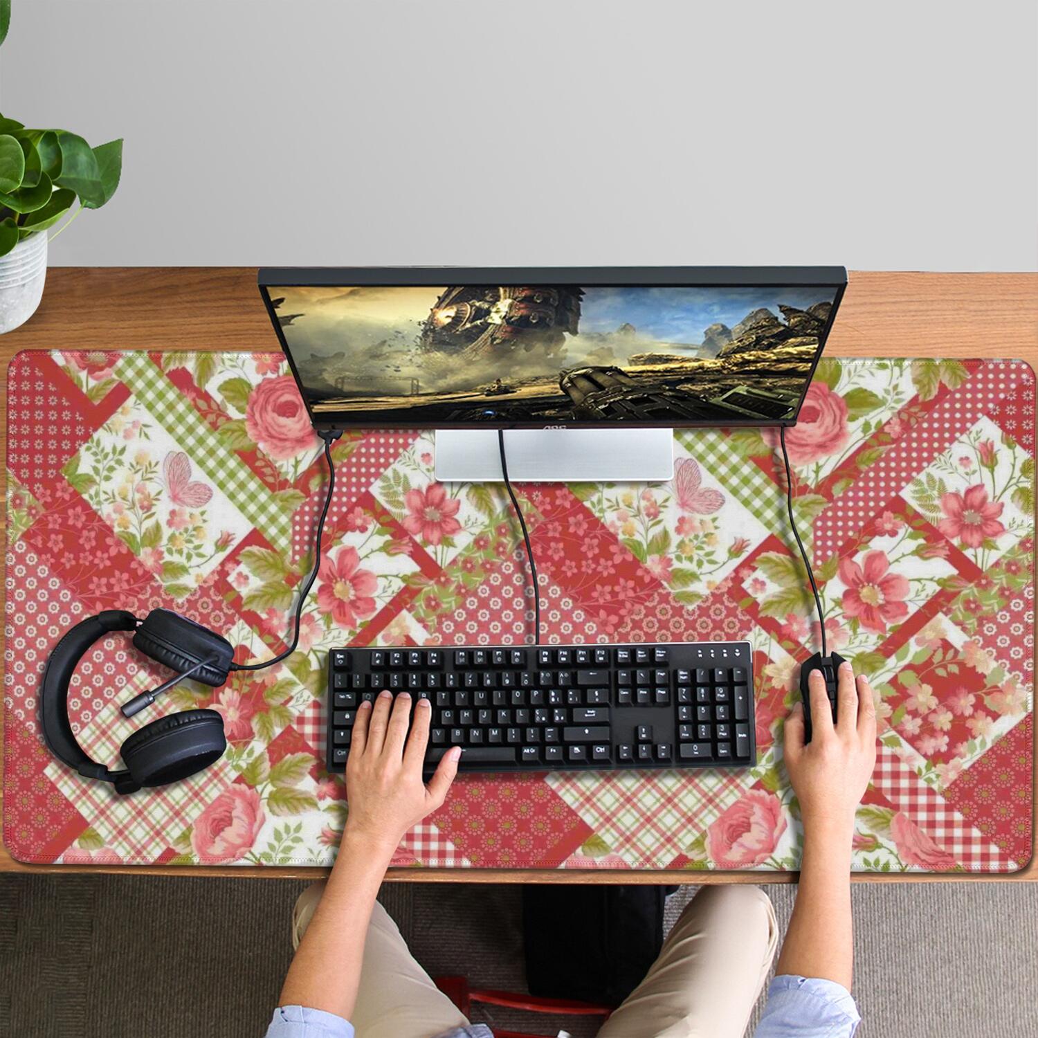 Long Mouse Pads for Desk,Pioneer Flower Floral Print Pattern Desk Mats on Top Of Desks, Desk Mouse Pad Extra Large with 3mm Non-Slip Base and Stitched Edge for Gaming,Office,Work,Home 47.3"x23.6"