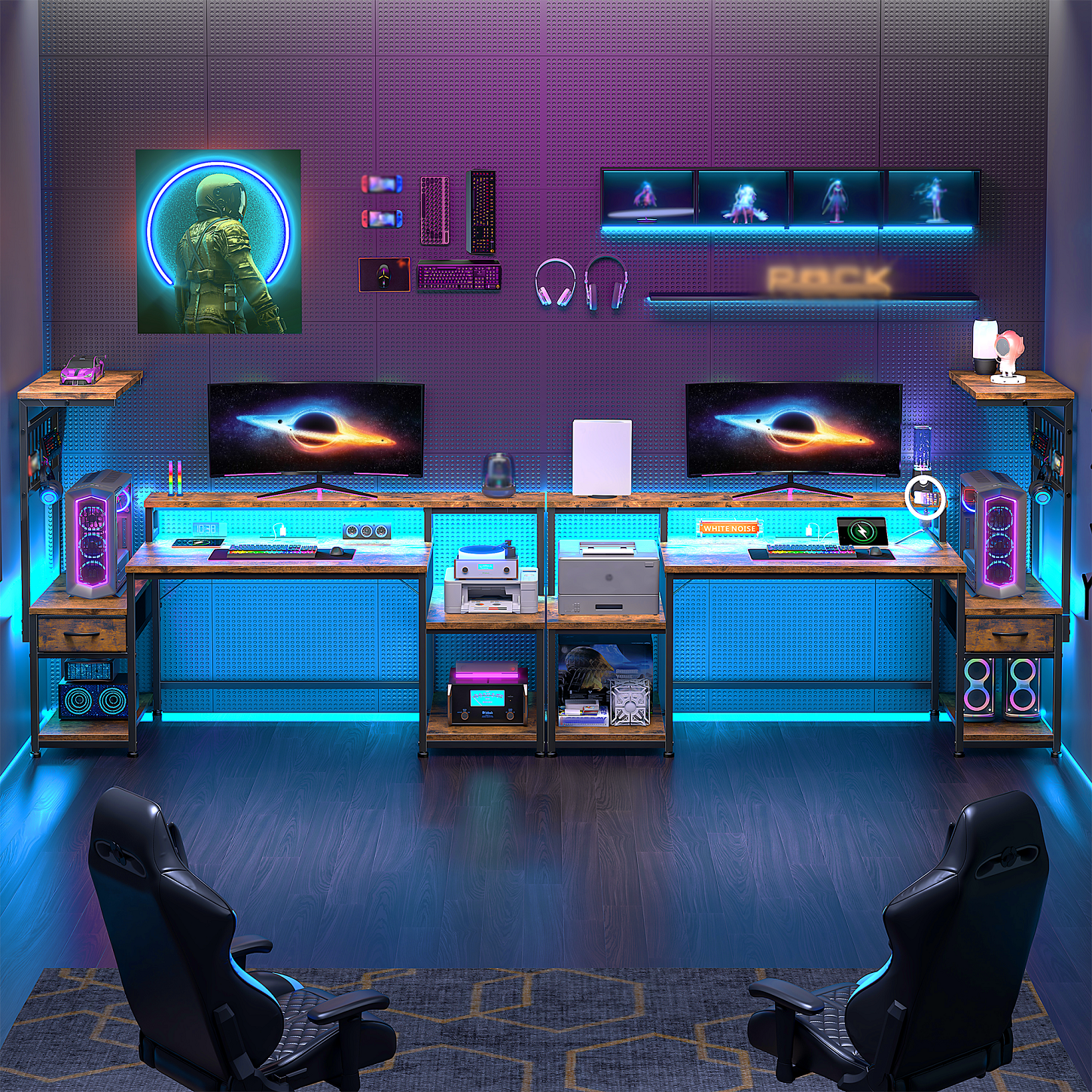 Romorgniz 55"W Gaming Desk Computer Desk with Hutch Corner Desk with LED Lights， Outlets & Monitor Stand for Gaming,Studying,Home Office Desks,Rustic Brown