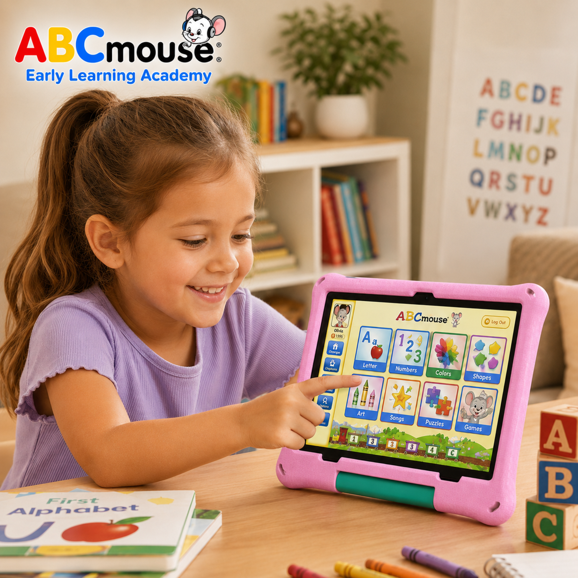Callsky 10.1" Android 15 Kids Tablet, ABCmouse Authorized Learning App, HD Display, 8-Hour Battery, Parental Controls, Google Kids Space, Pink