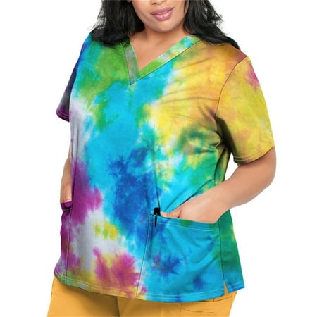 

Sksloeg Women s Plus Size Scrub Tops Comfortable Tie-dye Printed T Shirts Short Sleeve V-Neck Workwear Nurse Uniform Tee with Pockets Purple M