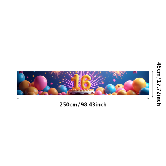Sweet 16 Birthday Celebration Backdrop Festive Party Event Colorful Balloon Cake Fireworks Decoration Customizable Background Banner Indoor Outdoor