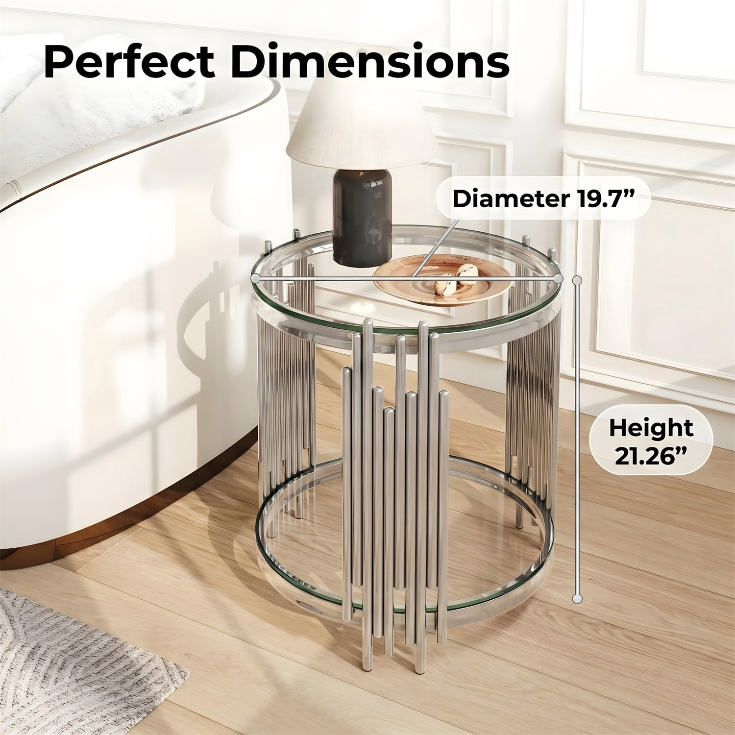 Hommoo 19.7 Inch Round 2-Tier Glass End Table, Stainless Steel Base with Clear Tempered Glass, Modern Luxury Side Table for Living Room, Bedroom & Home Office, Sliver