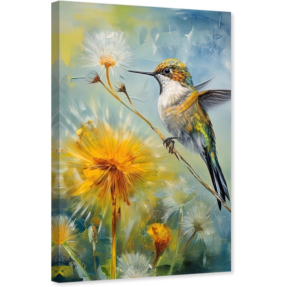 ZHONGYUTONG Hummingbird Wall Art Yellow Dandelion Canvas Bird on Floral Painting Animal Flower Picture for Living Room Decor Framed (12.00" x 18.00")