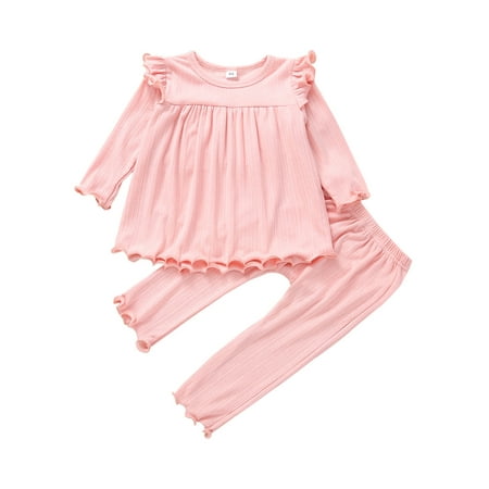 

Sunisery Toddler Infant Baby Girls 2Pcs Fall Outfits Long Sleeve Solid Color Ruffle Tops + Pants Pajamas Set Pink 12-18 Months