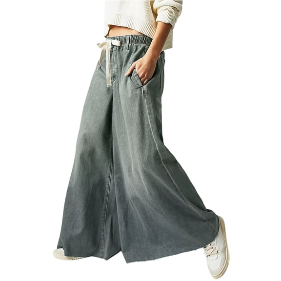 Women's Loose Floor-Length Wide-Leg Jeans - High Waist Non-Stretchy Denim Pants, Gray Size L