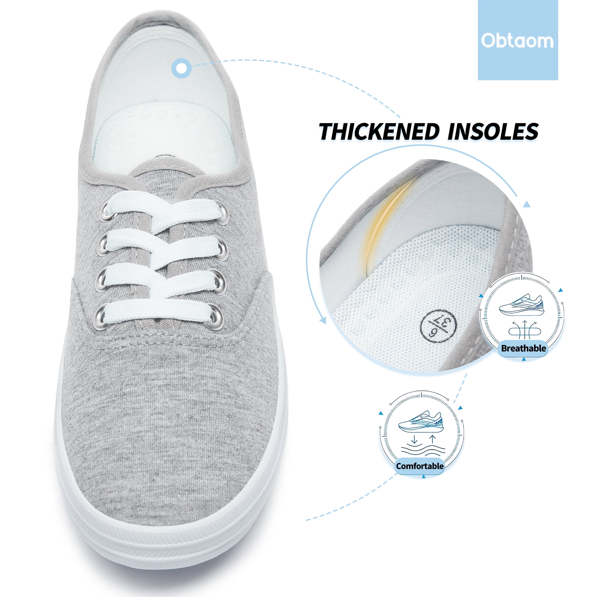 Obtaom Women’s Canvas Sneakers Fashion Lace Up Canvas Shoes,Low Top Casual Flat,Lightweight Tennis Shoes.(Gray,US10)