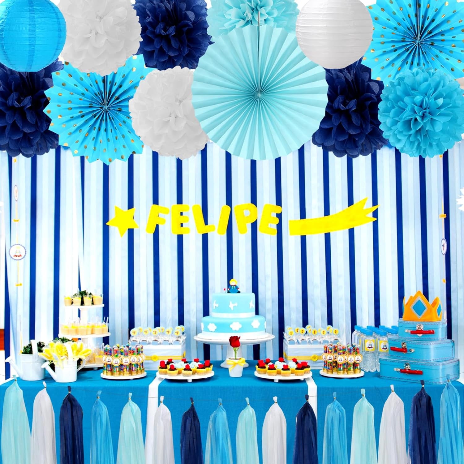 NestE Light Royal Navy-Blue White Party-Decorations - 33pcs Kits Banner, Streamers Tassel Garland,Tissue Pom Poms Honeycomb, Paper Lantern Fans,Birthday Bachelorette Bridal Wedding Baby Shower Decor