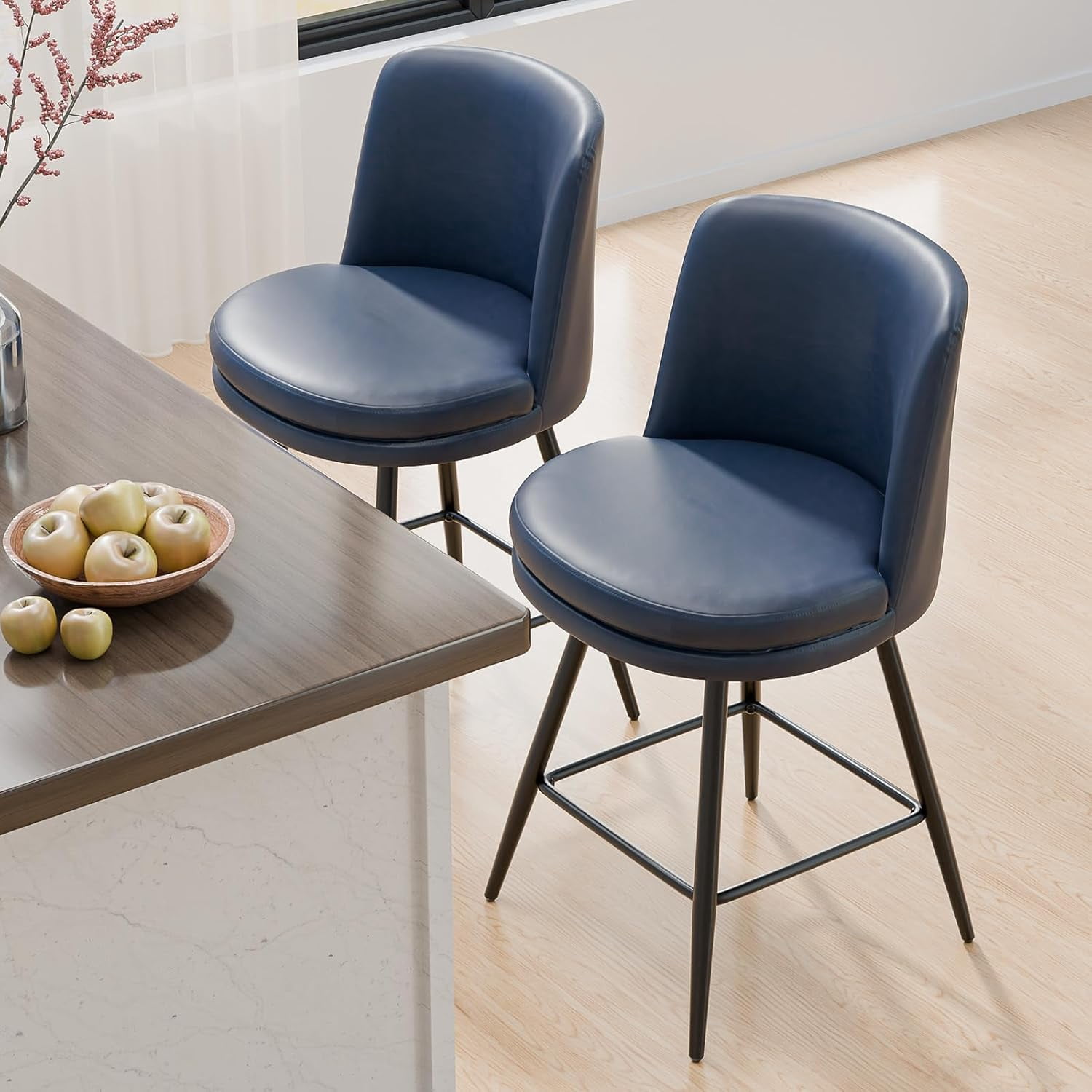 VINGLI 26" H Swivel Barstools Set of 2, PU Faux Leather Upholstered Counter Height Bar Stool with Back, Kitchen High Chairs with Cushion Round Seat, Metal Legs, White