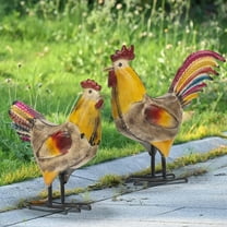 MODE HOME Metal Rooster and Hen Statues Set of 2, Indoor Outdoor Chicken Yard Art Decorations, Farmhouse Kitchen Table Garden Patio Lawn Decor, Gray Yellow Sculptures 12.2x11.5 Inch