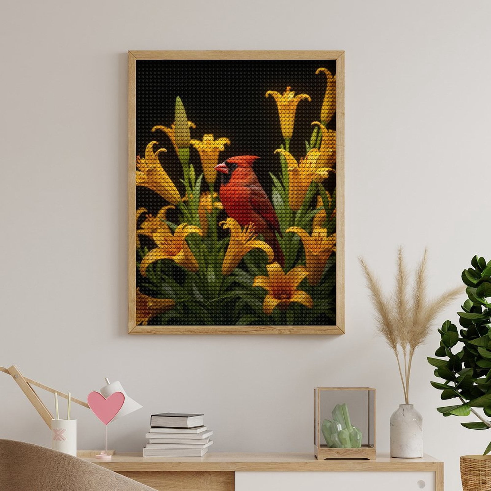 Diamond Art Kits for Adults, Cardinal Among Yellow Lilies 5D Diamond Painting Kits for Adults Beginners, DIY Full Drill Diamond Painting, Gem Art and Crafts 12x16