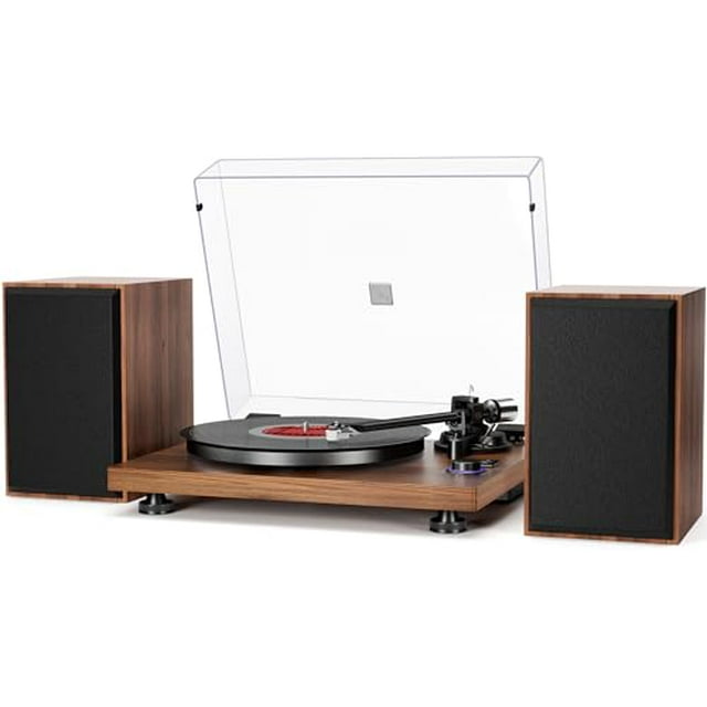 Sistema HiFi con tocadiscos Bluetooth con parlantes de estantería de 36 vatios, tocadiscos de vinilo diseñado con patente con cartucho magnético, reproducción Bluetooth y apagado automático