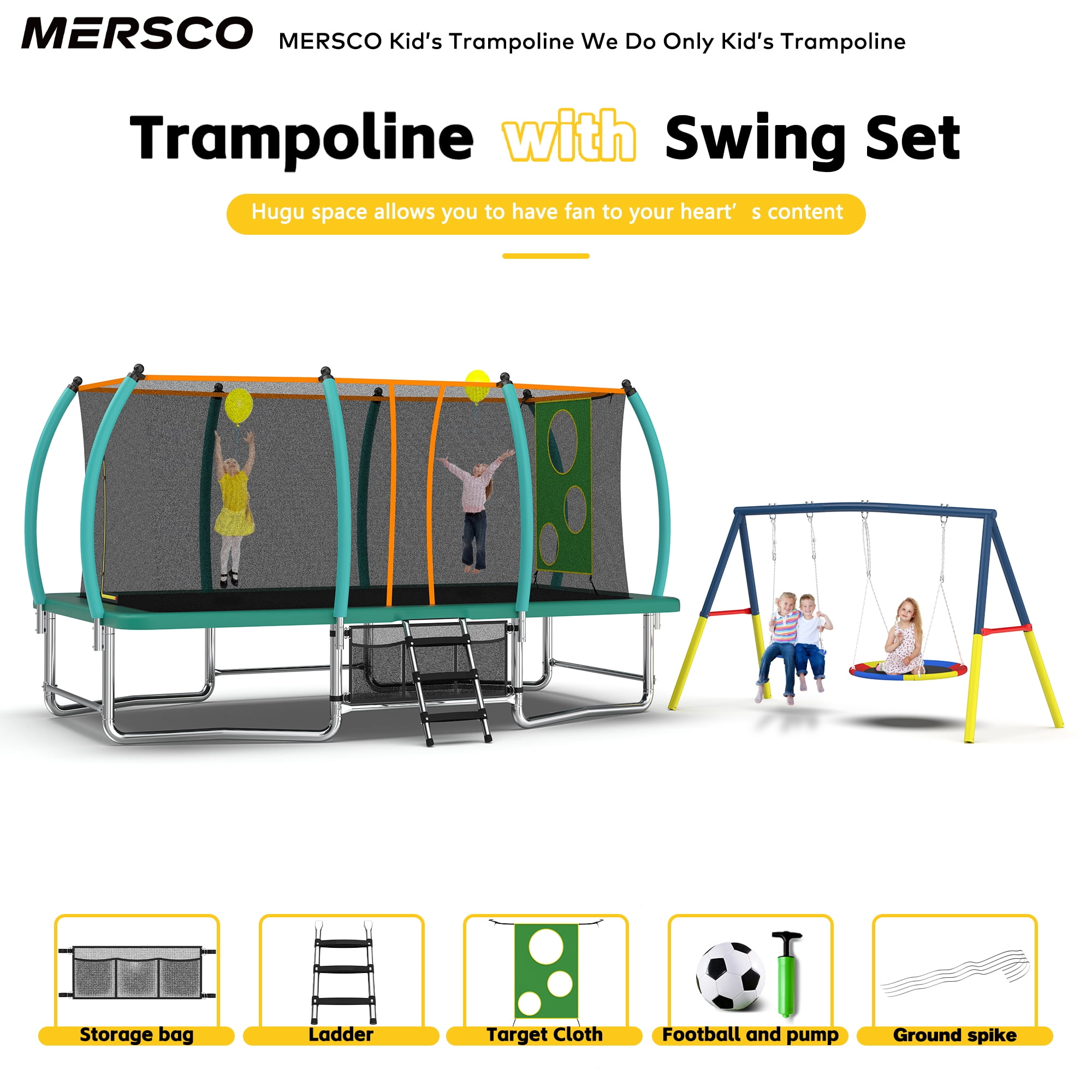 Mersco 8x14FT 4-in-1 Trampoline with Swing Set , Enclosure Net, Recreational Trampoline, Outdoor Kids Trampoline for Backyard, Beach, Birthday Gifts,Green