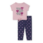 DKNY Baby Girls & Toddler Girls Short Sleeve Tie-Front Heart T-shirt & Leggings, 2pc Outfit Set (12M-4T)