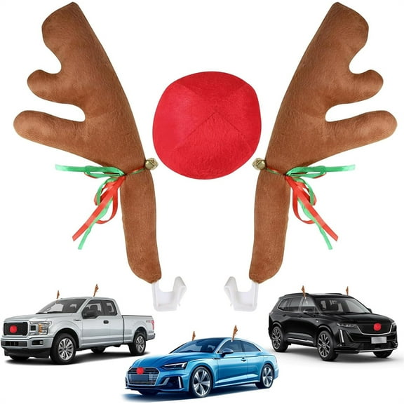 Car Antlers & Nose Decoration Set,Reindeer Plush Car Decor,Window Roof-Top & Grille Accessories,Xmas Gift Set,Exterior Universal Decorations,for Holiday Car SUV Van Truck (Khaki)