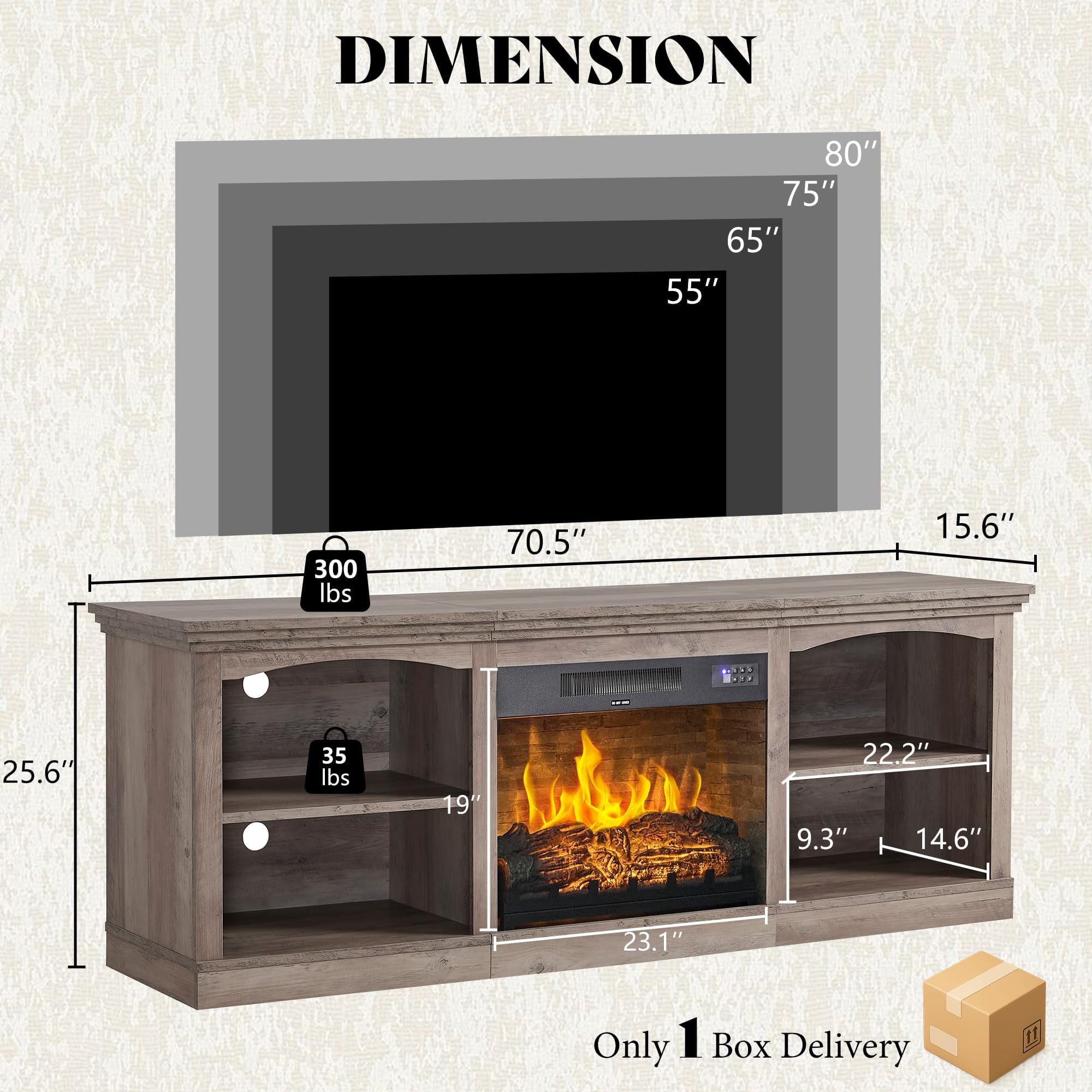 Merluxy 70" Fireplace TV Stand for TVs up to 80", Farmhouse Entertainment Center with 23" Electric Fireplace, Rustic Grey