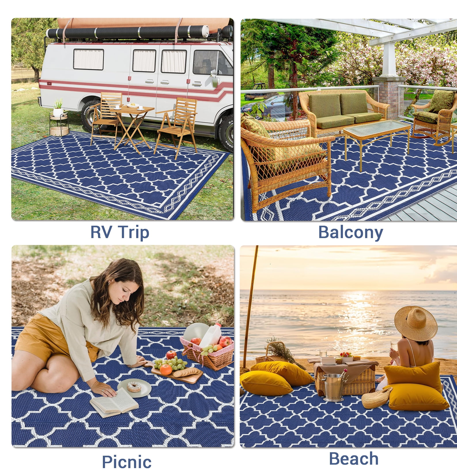 Twister.CK Outdoor Rug 10x14ft Waterproof for Patios, Plastic Straw Rug Camping Carpet Mats for Picnic, Backyard, Deck, Balcony, Porch, Beach, Dark Blue & White