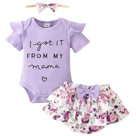 

[BRAND CLEARANCE!!!] 0-18M Toddler Baby Girls Romper Set Outfits Short Sleeve Letter Print Ribbed Bodysuit+Floral Layered Shorts+Headband Summer Clothes Suit (Purple)
